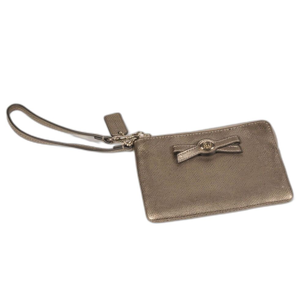 Coach Metallic Gunmetal Silver Leather Turnlock Bow Wristlet 64648 {Ex+}